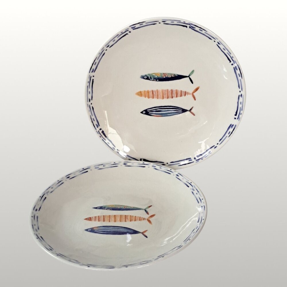 X2 Papart Seramik Fish Dinner Plate Ceramic 11” Hand Painted in Turkey Blue -